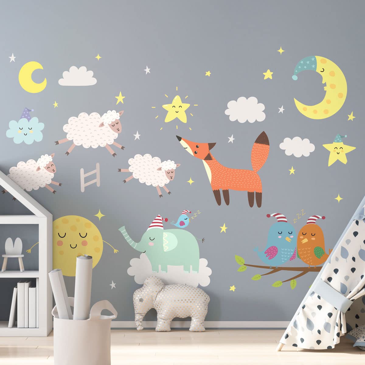 Children's Wall Stickers - Baby Room Decoration - Children's Bedroom Wall Sticker - Moonlight Animals Wall Sticker - H60 x L90 cm