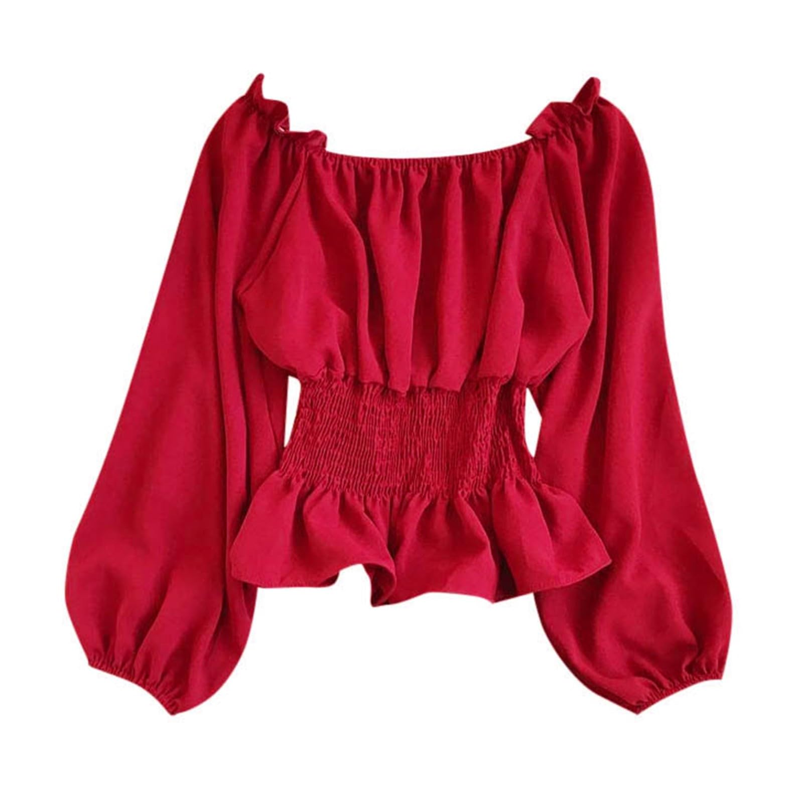 Medieval Women's Off Shoulder Shirt - Gothic Long Sleeve Steampunk Chic Court Vintage Tunic Solid Colour Renaissance Victorian Halloween Carnival Cosplay Casual Short Top, Red, XL