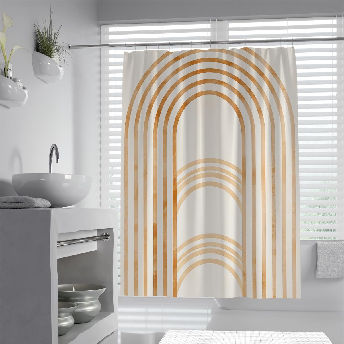 UIRINGART Yellow Gold Boho Geometric Rainbow Shower Curtains W180xL200cm Abstract Minimalist Waterproof Quick Dry Walk In Shower Bath Decoration With Hook
