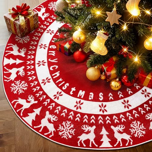 Charmofun Weihnachtsbaum Rock 122cm, Große Weihnachtsbaum Decke Gestrickte, Weihnachtsbaum Deko Rund Elch Schneeflocken für Hausparty Neues Jahr Dekoration, Tannenbaum Teppich, Rot
