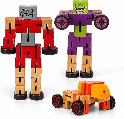 ArtCreativity Paquete de 3 robots de juguete de madera, coloridas figuras de acción transformables de 5.75 pulgadas y bloques STEM para niños,