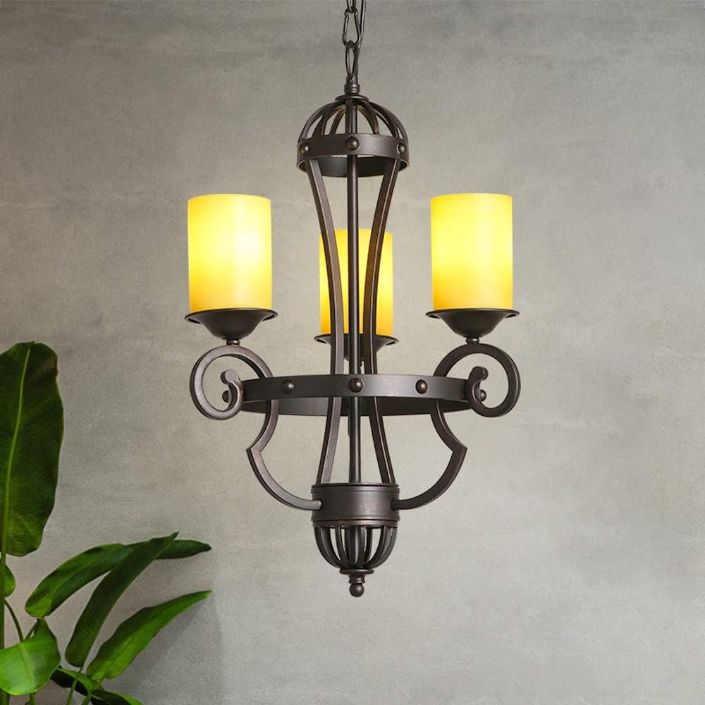 Retro Three-Head Candle Ceiling Lamp, American Classical Garden Wrought Iron Antique Candlestick Chandelier Glass Lampshade, Bedroom Dining Room Decoration Hanging Lamps Lighting Device