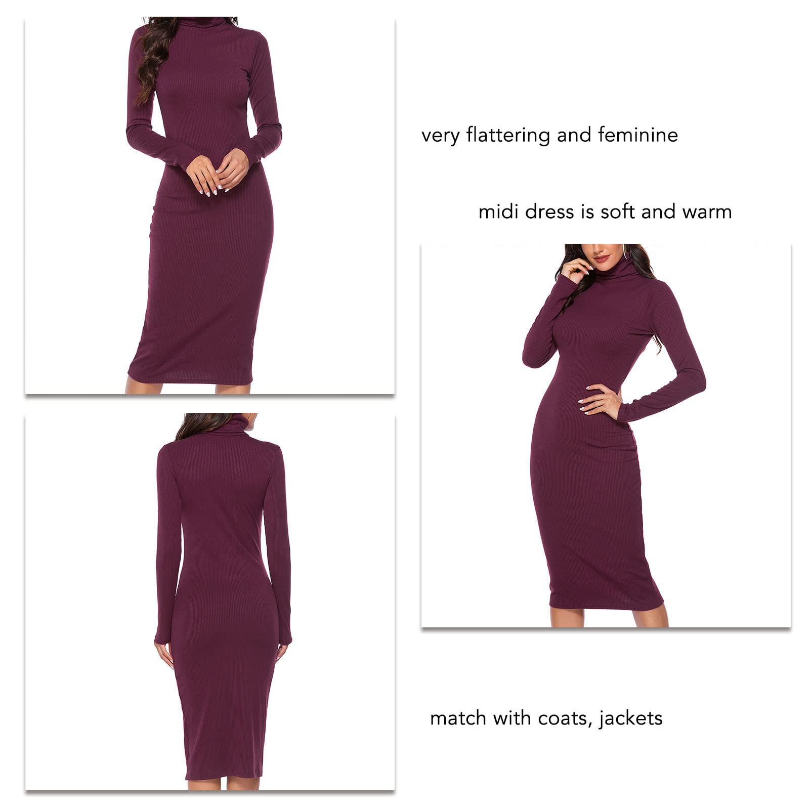 Ejoyous Robe Tricotée pour Femmes Robe à Col Roulé à Manches Longues Mini Robe Moulante Pull Tricoté Robe Portefeuille Robe Pull(XL-Vin Rouge)