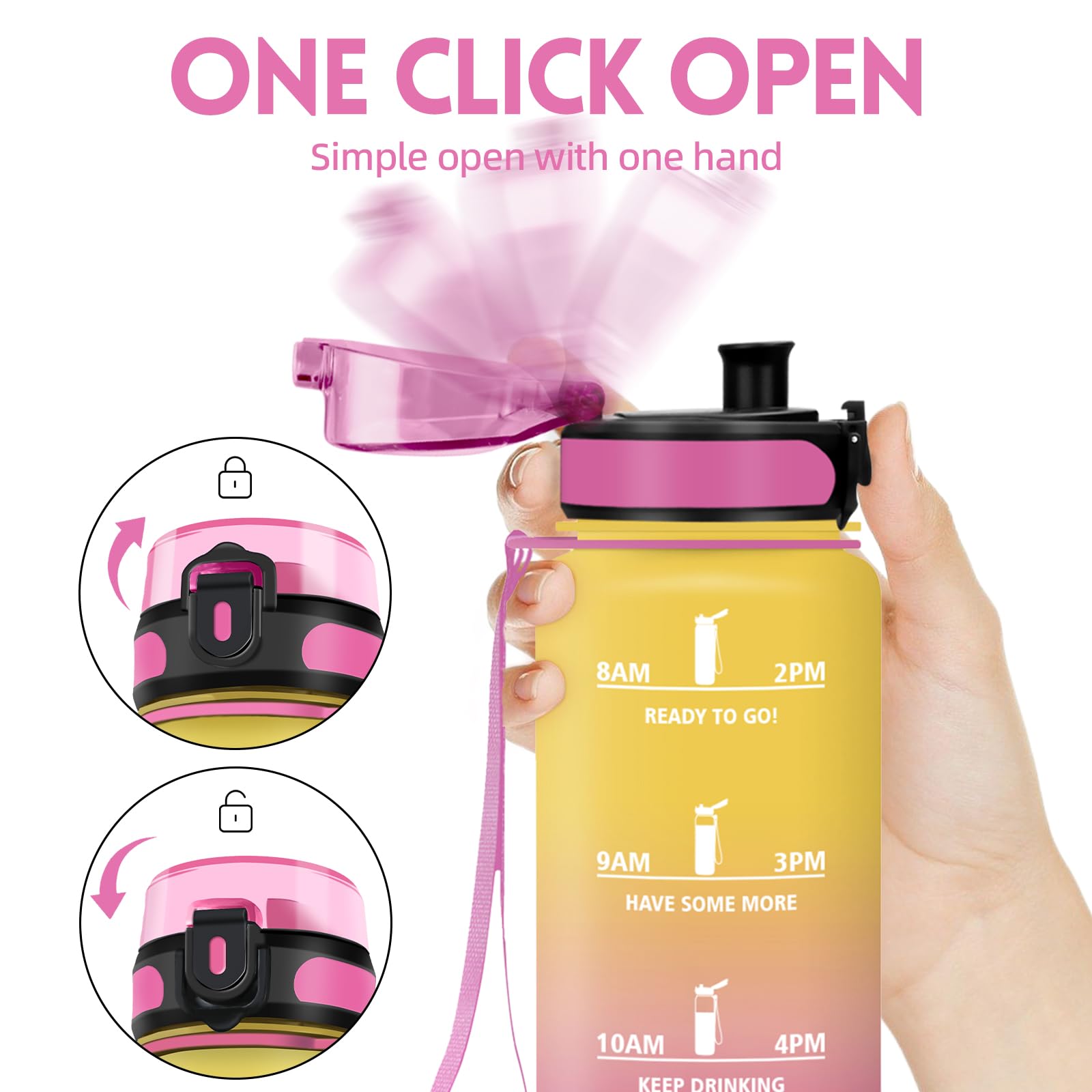 Borraccia, 1000ML Senza BPA, Borraccia Bambini, Design della serratura a prova di perdite, Borraccia Motivazionale, Con marca temporale, Bottiglia Acqua per Yoga, Sport, Scalare Montagne - Giallo Rosa