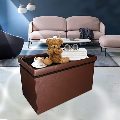 Miniatura 4 de AmasSmile Taburete plegable otomano de almacenamiento, banco de almacenamiento de cuero de 30 pulgadas, taburete otomano corto, almacenamiento de