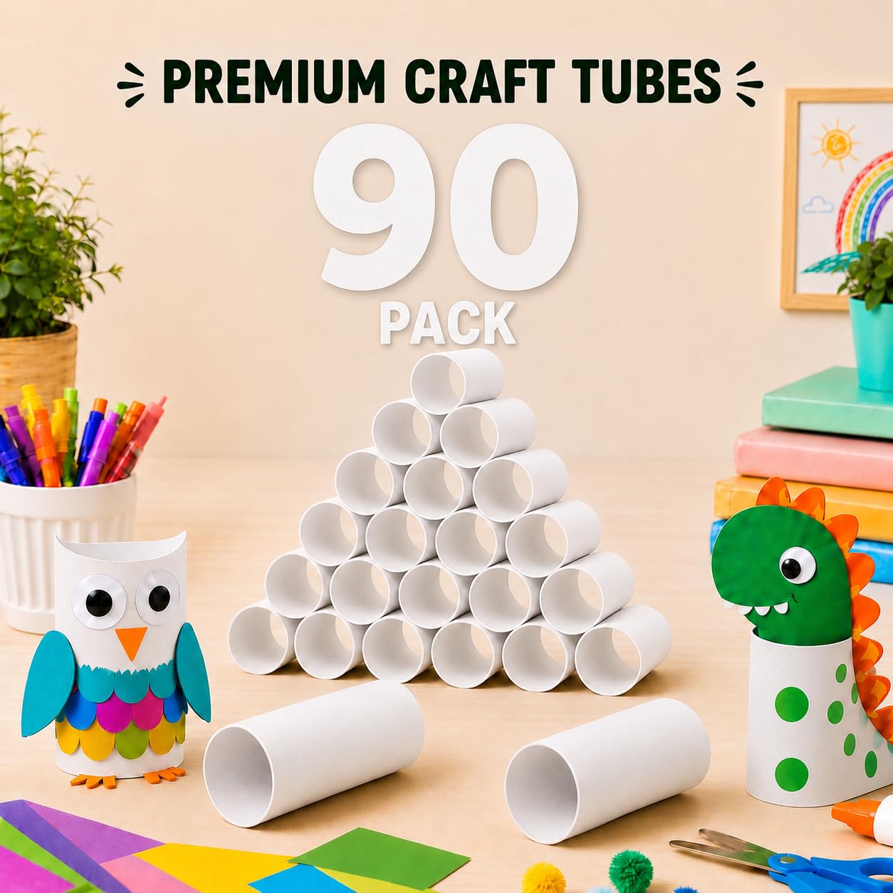 Paquete de 90 rollos de manualidades, tubos de cartón redondos, tubos de cartón para manualidades, tubos de manualidades, tubo de papel para manualidades, 1.57 x 3.9 pulgadas, color blanco