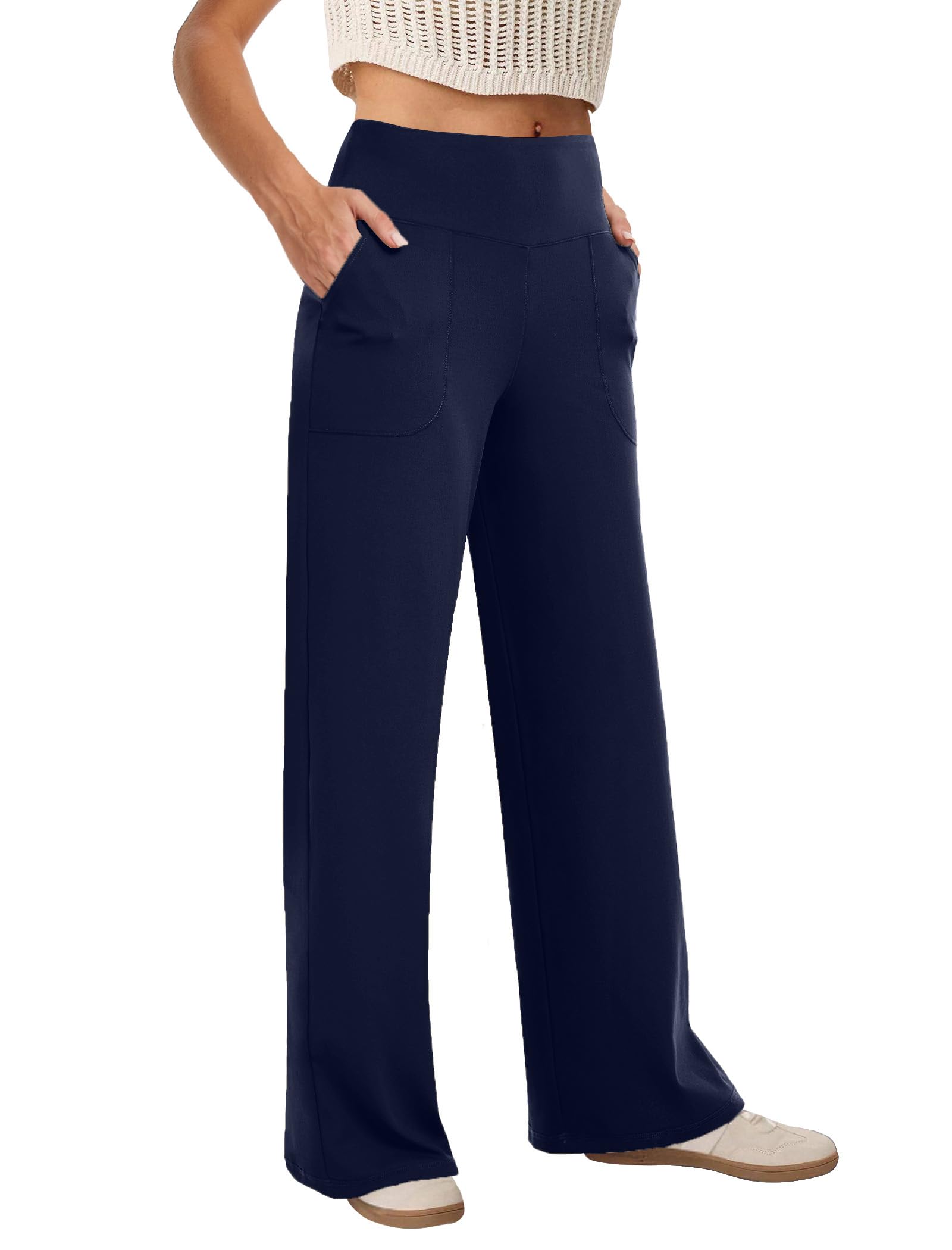 COPYLEAF Pantalones de pierna ancha para mujer, pantalones de yoga de cintura alta con bolsillos, holgados, elásticos, pantalones deportivos para el trabajo, uso casual