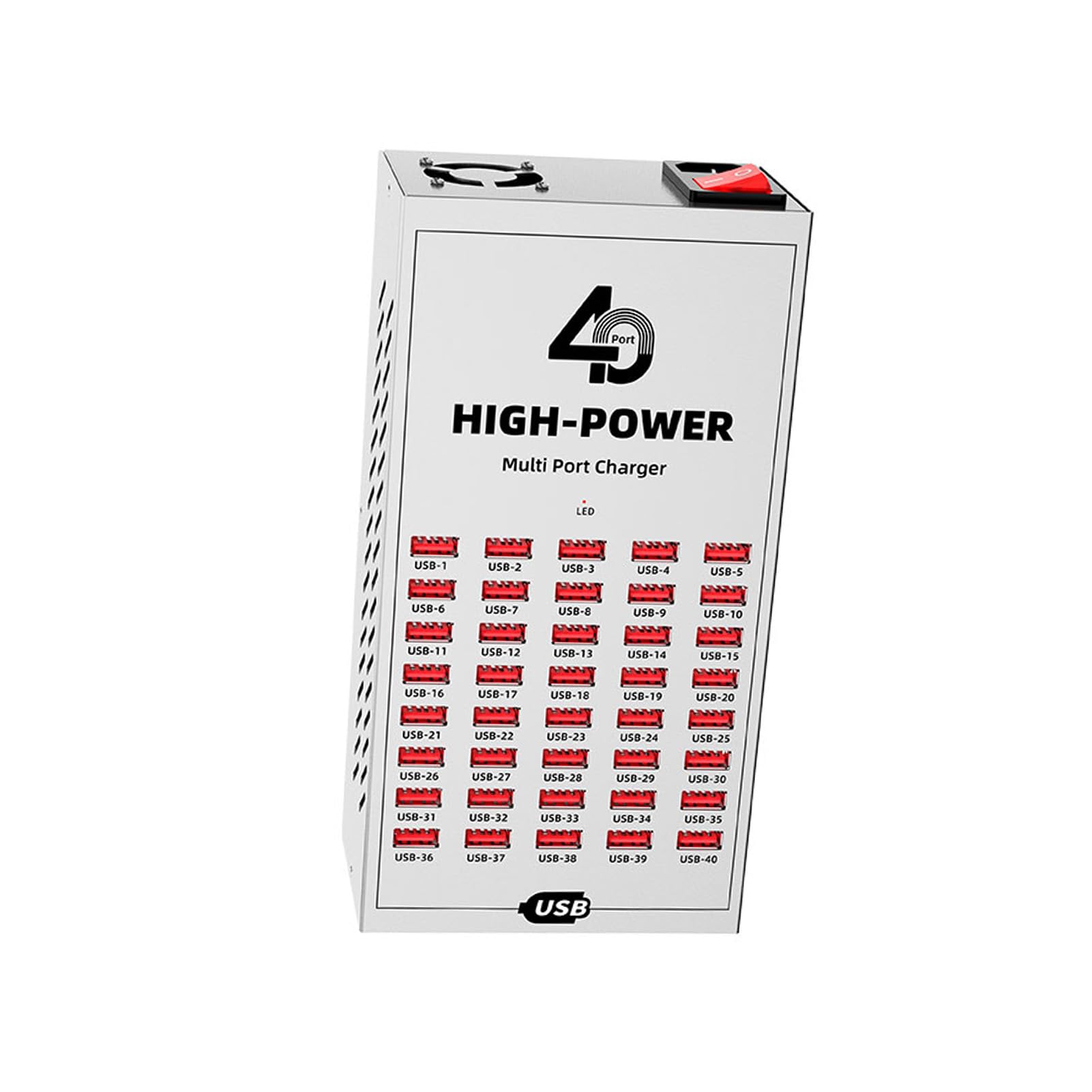 Jiawu Stazione di Ricarica USB Portatile a 40 Porte, Dissipazione Rapida del Calore, Rendimento Elevato, Ventola di Raffreddamento con Custodia in Metallo per Viaggi, Ufficio Domestico (Spina