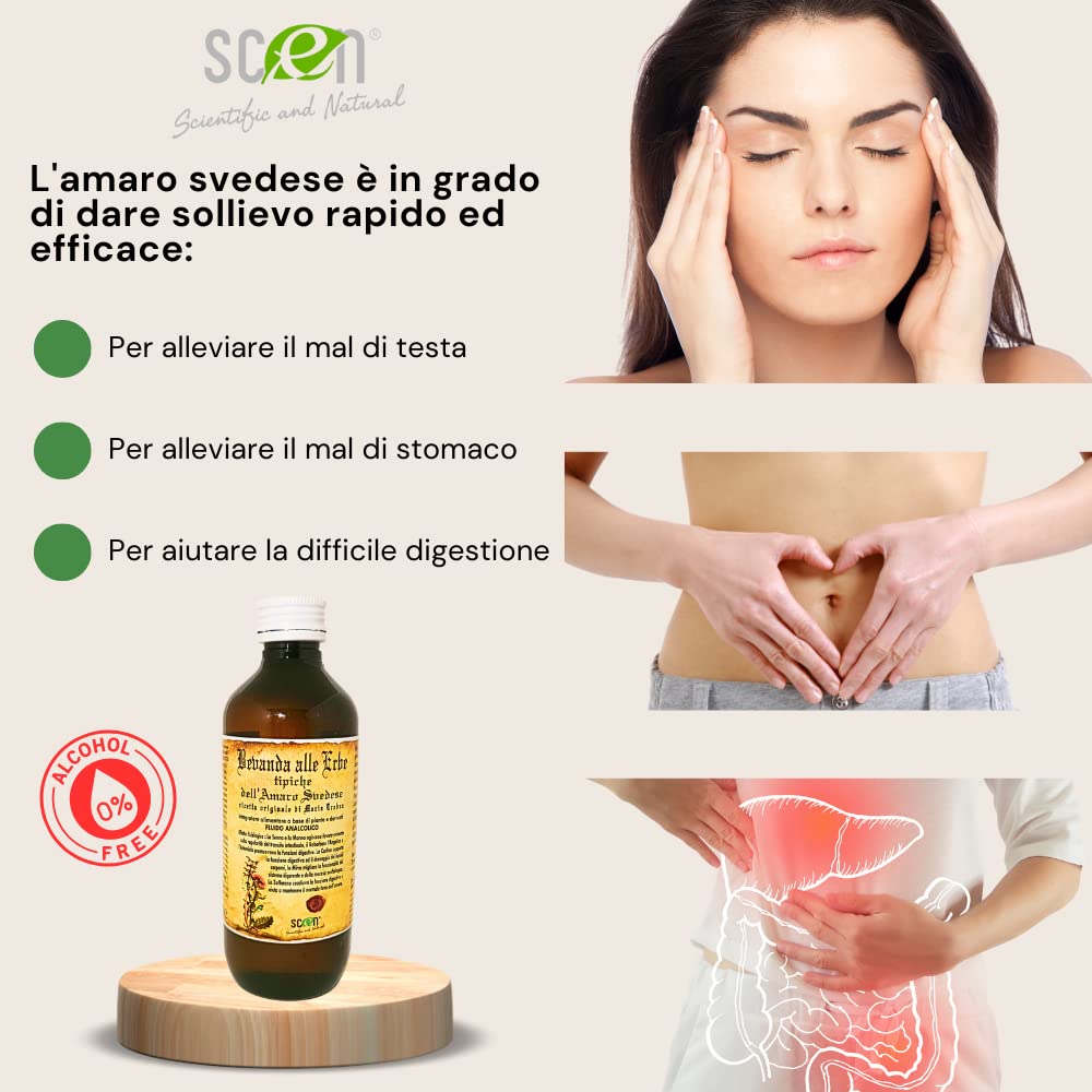 SCEN Amaro Svedese Maria Treben Originale Senza Alcool Preparato con Erbe Svedesi Naturali Efficace e Concentrato Diuretico Drenante per Gonfiore Addominale 200 ML Made in Italy
