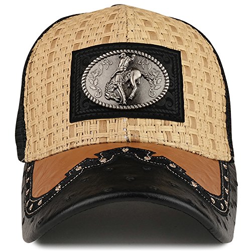 Image of Straw Design Metallic Rodeo Cowboy Horse Metal Logo Trucker Mesh Baseball Cap