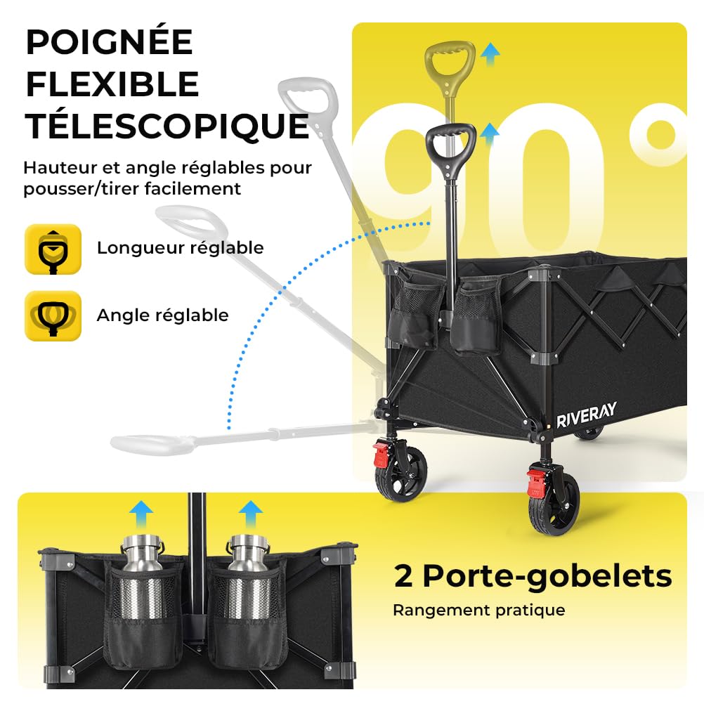 Chariot Pliable Tout Terrain 300L 230KG, Chariot de Plage à roulettes avec Freins, Toile Amovible, Grand Volume XXXL pour Camping, Jardin, Pêche, Transport, Pique-Nique