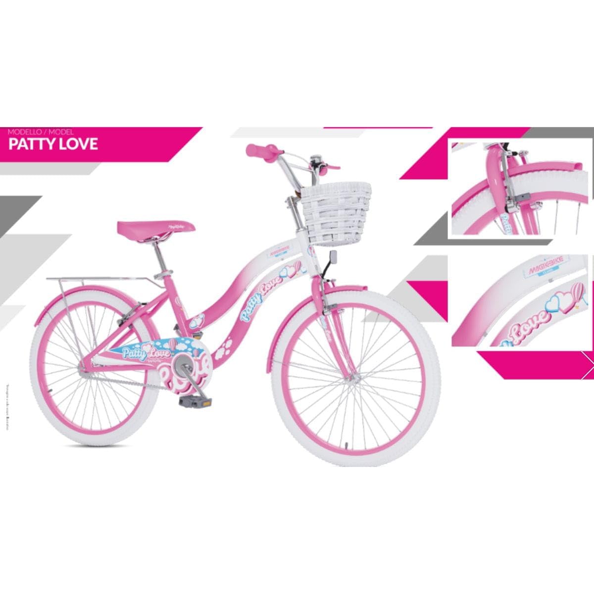 Patty Love - Bicicletta per Bambina, Ruote da 20 Pollici, Design con Cestino, Portapacchi e Parafanghi, Colore Bianco/Rosa, Bici Ideale per Bambini da 6 a 9 Anni