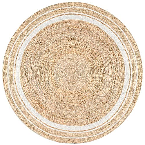 Image of White Border Natural Jute Round Living Room Area Rug, Carpet, Doormat (80x80 CM)