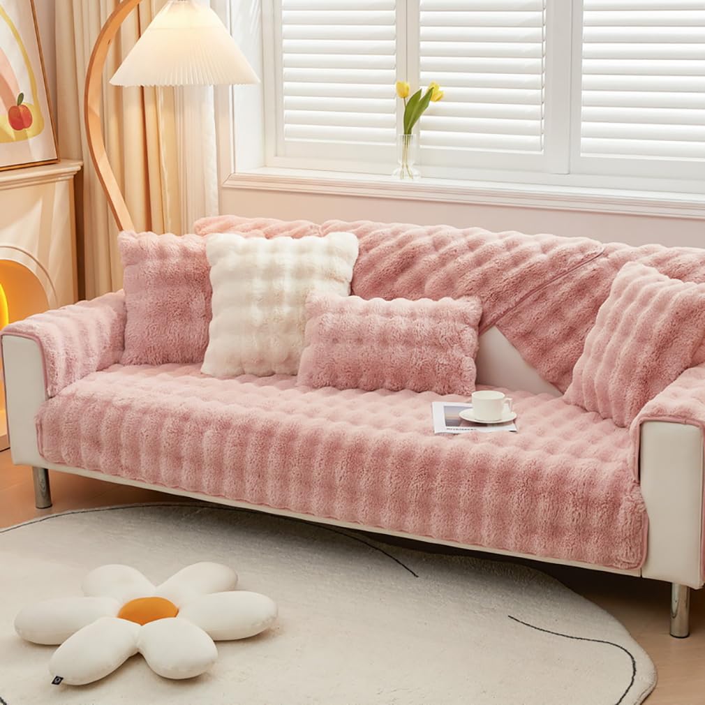 Housse de canapé rose 110x180 cm en fausse fourrure à poils longs pour salon sectionnel