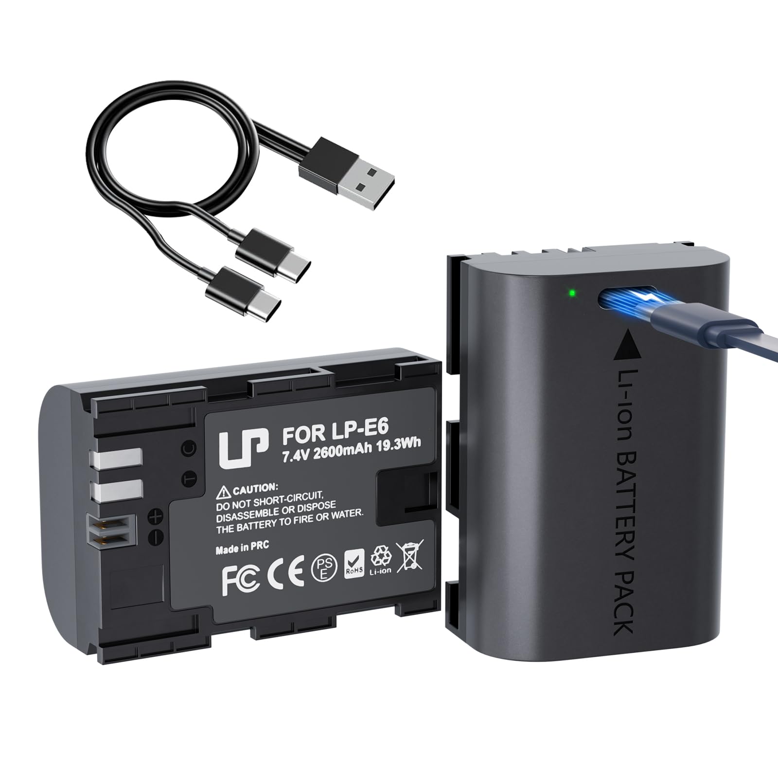 LP LP-E6N LP-E6 Replacement Battery, 2-Pack 2600mAh Battery with USB-C Charging Port Compatible with Canon EOS R R5 R6 90D 80D 70D 60D 60DA 6D 6D Mark