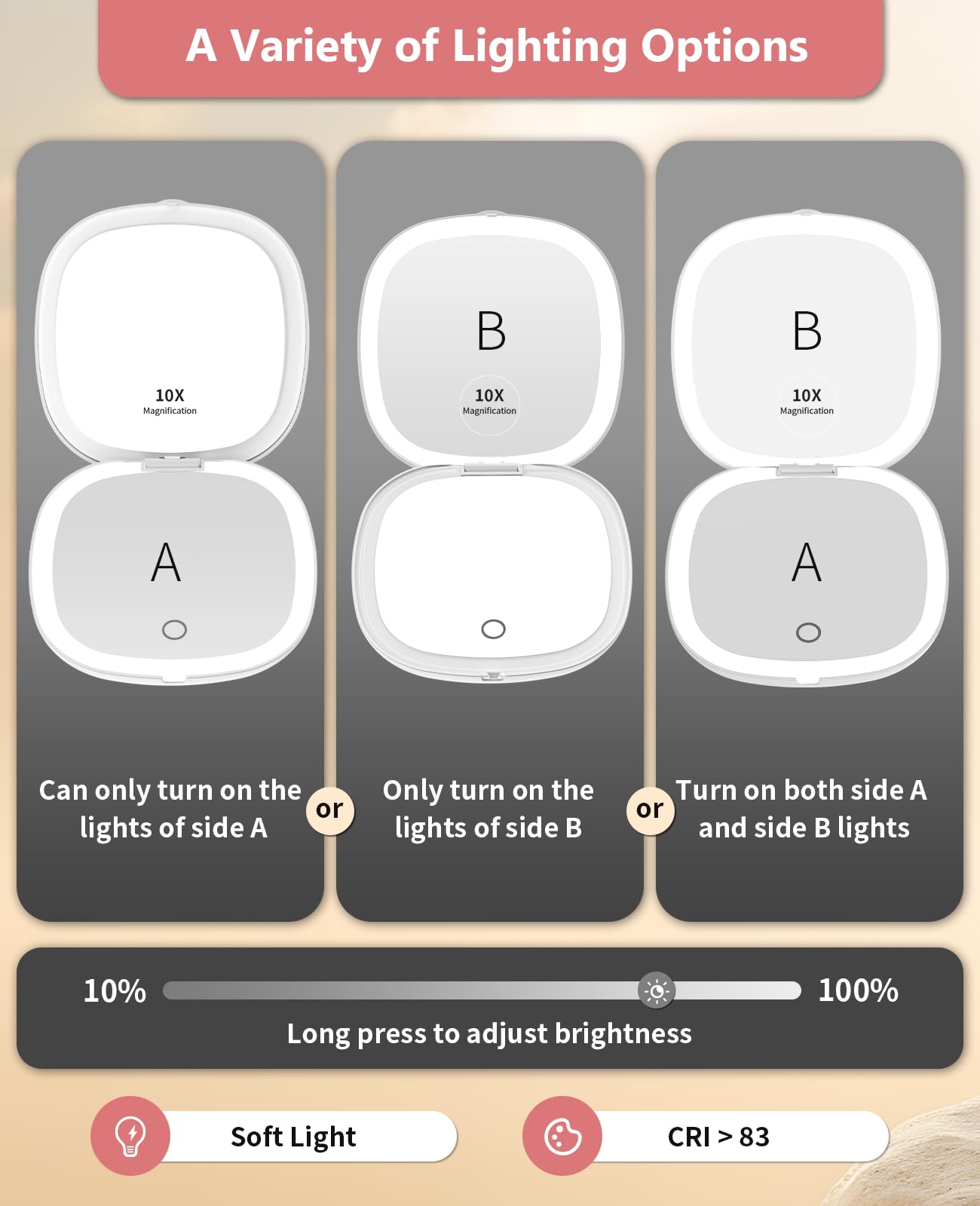WOBSION Travel Mirror with Light for Makeup 1x/10x Magnifying Compact Mirror for Handbag 10cm Rechargeable Pocket Mirrors - Image 4