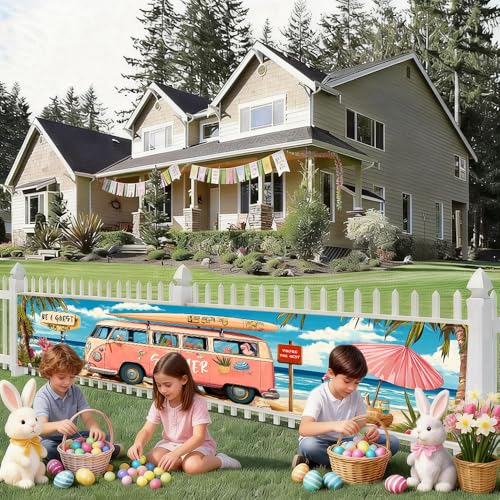 Image of 78.7 x 17.7 Inch Summer Banner Pink Retro Camper Van Beach Ocean Surfboard Flamingo Yard Decorations Seasonal Outdoor Decor Fence Sign
