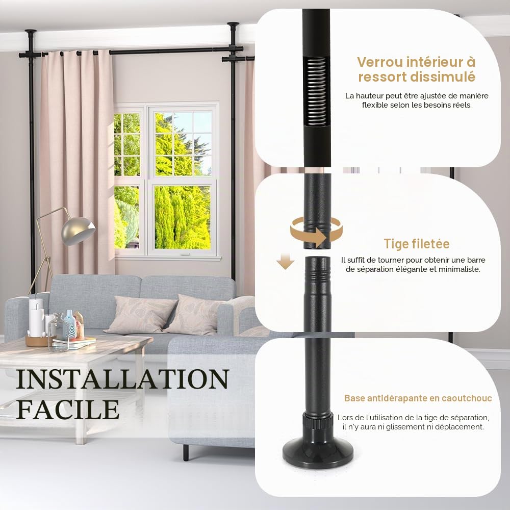 KELIXU Tringle à rideaux de séparation de pièce, sans perçage, 71,1 à 365,8 cm de large x 1,2 à 3 m de haut, séparateur de sol au plafond, support de tension vertical