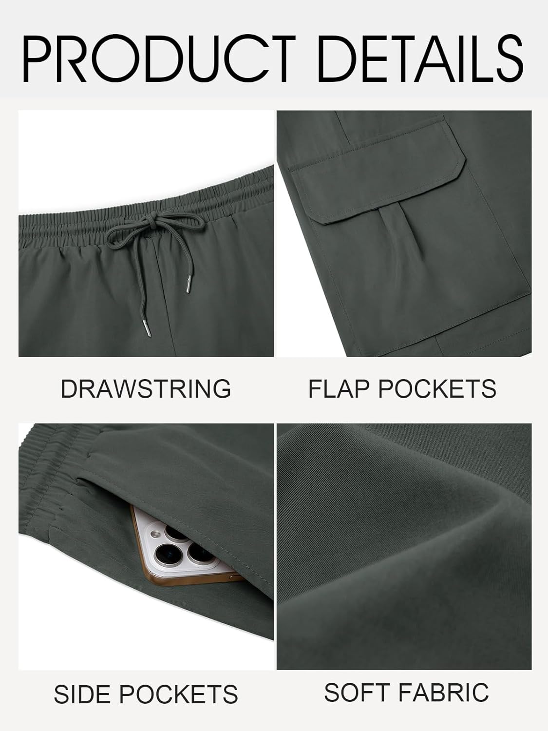 Runcati Mens Cargo Shorts Elastic Waist Drawstring Lightweight Shorts Summer Hiking Casual Shorts with Pockets No Lining - Image 6