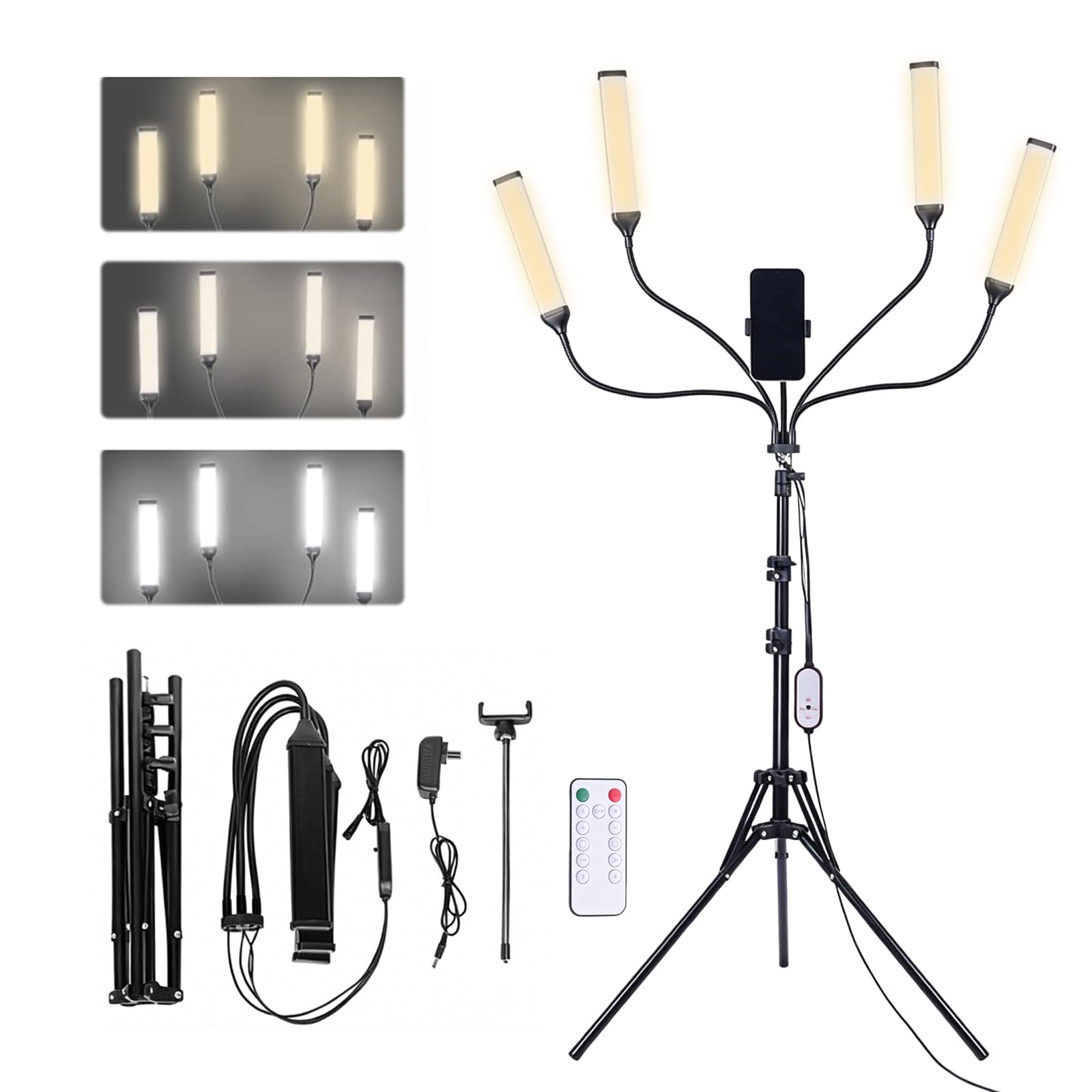 Lampada Video Dimmerabile LED, Quattro Bracci Lampada Estetista con Treppiede e Supporto per Telefono per Luce Truccatore, Lampada per Ciglia, Live Bellezza, Tatuaggio, Riprese Studio