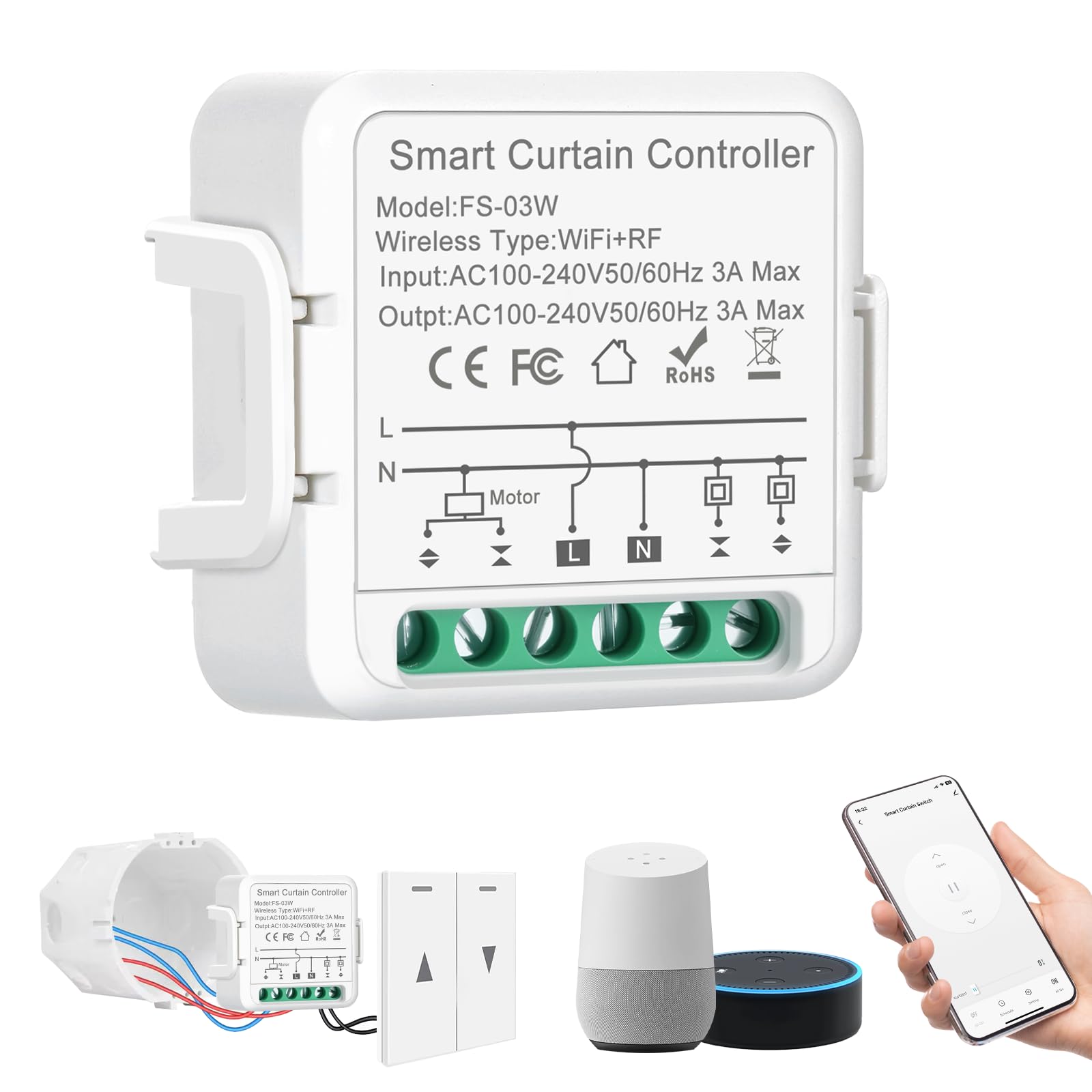 WiFi Roller Shutter Timer and Voice Control, Smart Roller Shutter Switch with RF Receiver, Wireless Switch Blind Switch Set, Electric Shutter Control for Blinds and Awnings