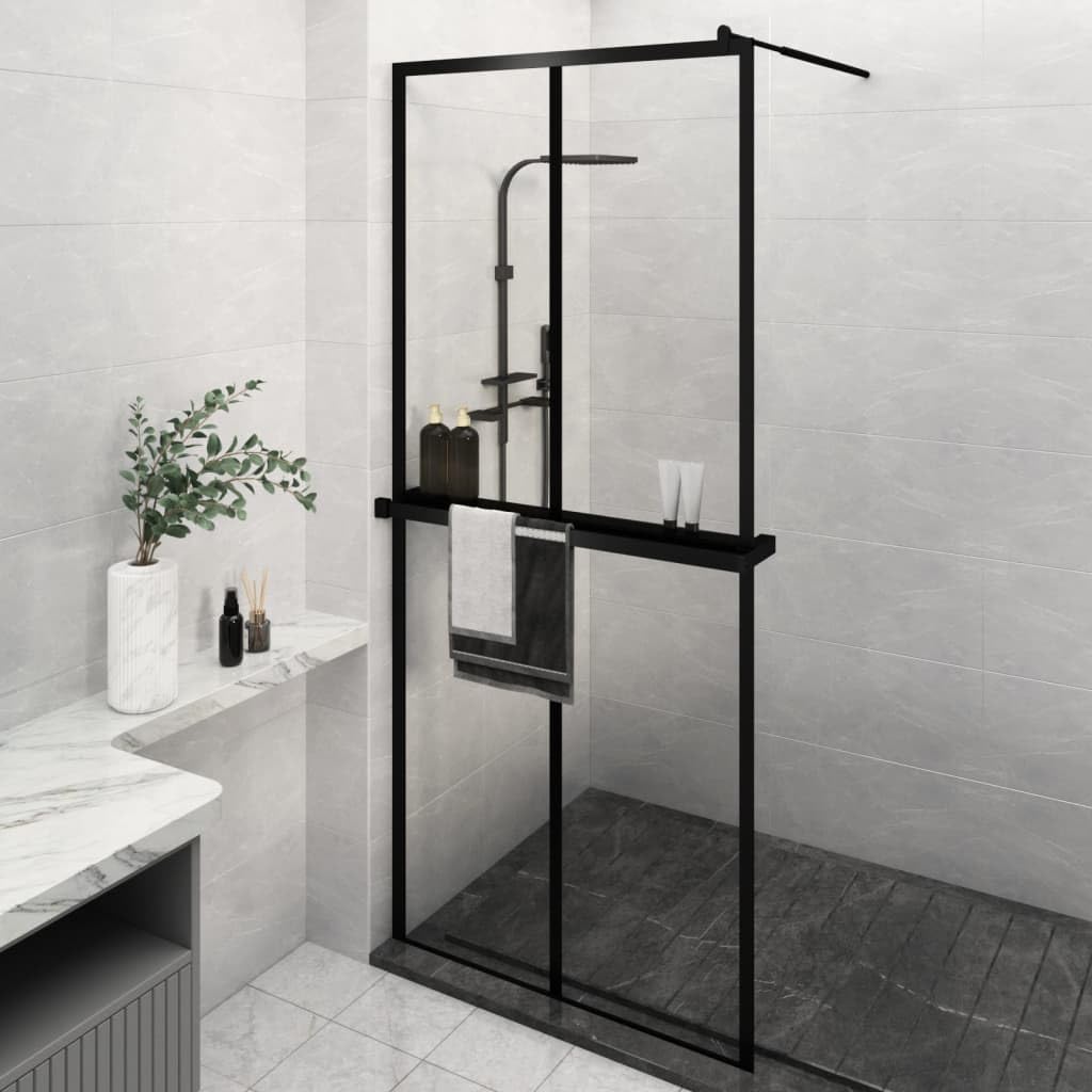 Mampara Ducha con Estante Vidrio ESG y Aluminio Negro 90x195 cm, Mampara Bañera, Mampara Baño Ducha, Cabina De Ducha, Mampara Baño - 3185456