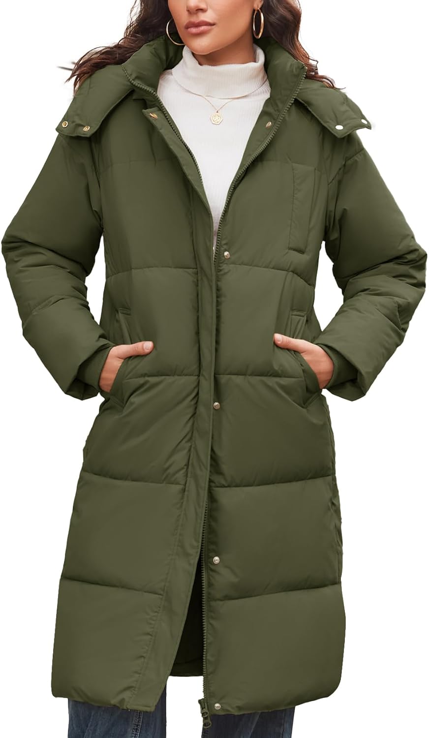 Flygo Long Winter Coats for Women Hooded Puffer Coat Jackets Thickened Midi Long Sleeve Zip Down Parka Outerwear