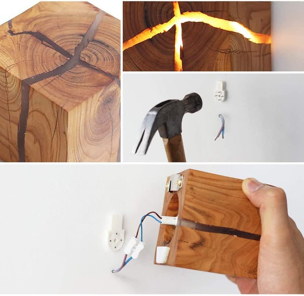Small Wooden Cubes G4 LED Wall Lamp Lighting Decor Cracked Natural