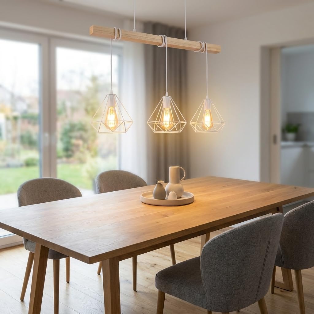 Alpinaluz Lámpara Colgante Lineal 3 Luces 75 cm de Madera Natural con 3 Pantallas de Jaula Metálica Blanca, 3x E27 y Altura Ajustable, Estilo Nórdico para Isla de Cocina, Comedor o Salón