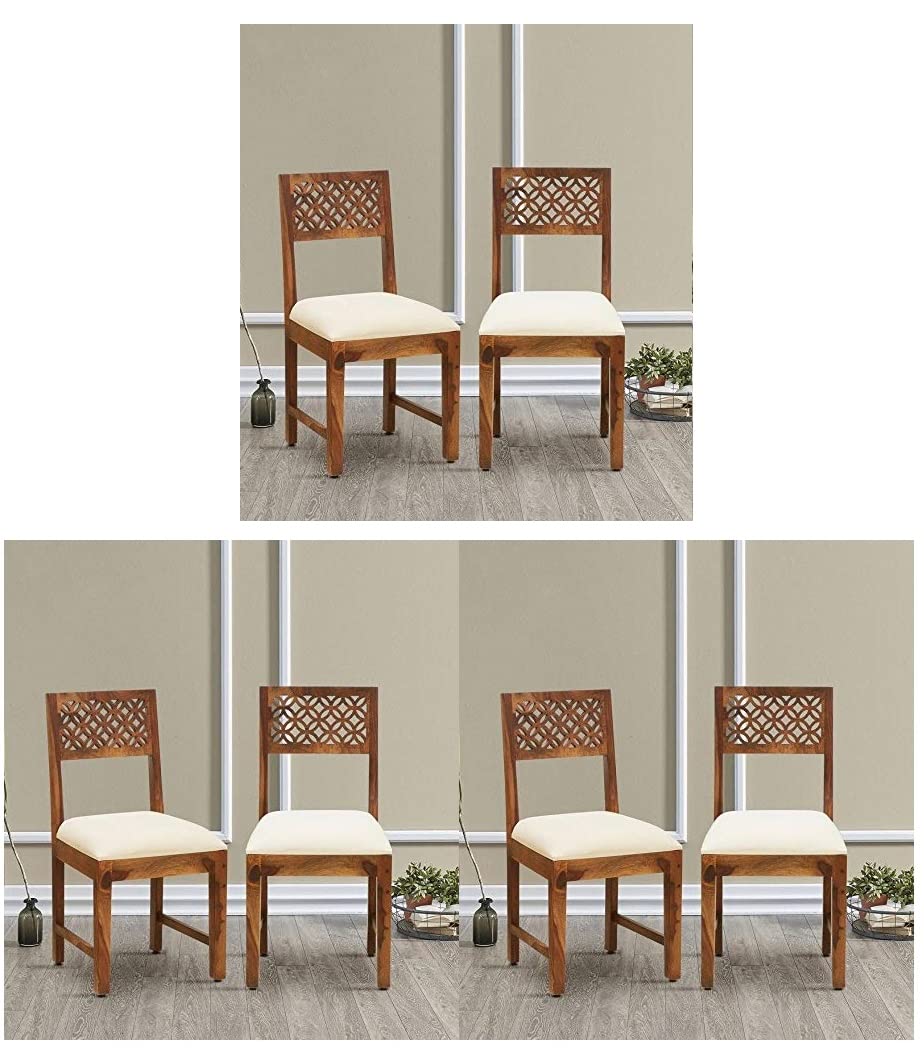 GFH Solid Sheesham Wood Dining Chairs Only | Wooden Set of 2 Dinning Chair for Kitchen & Dining Room | Chairs with Cushion | All (Natural Finish, Set of 6)