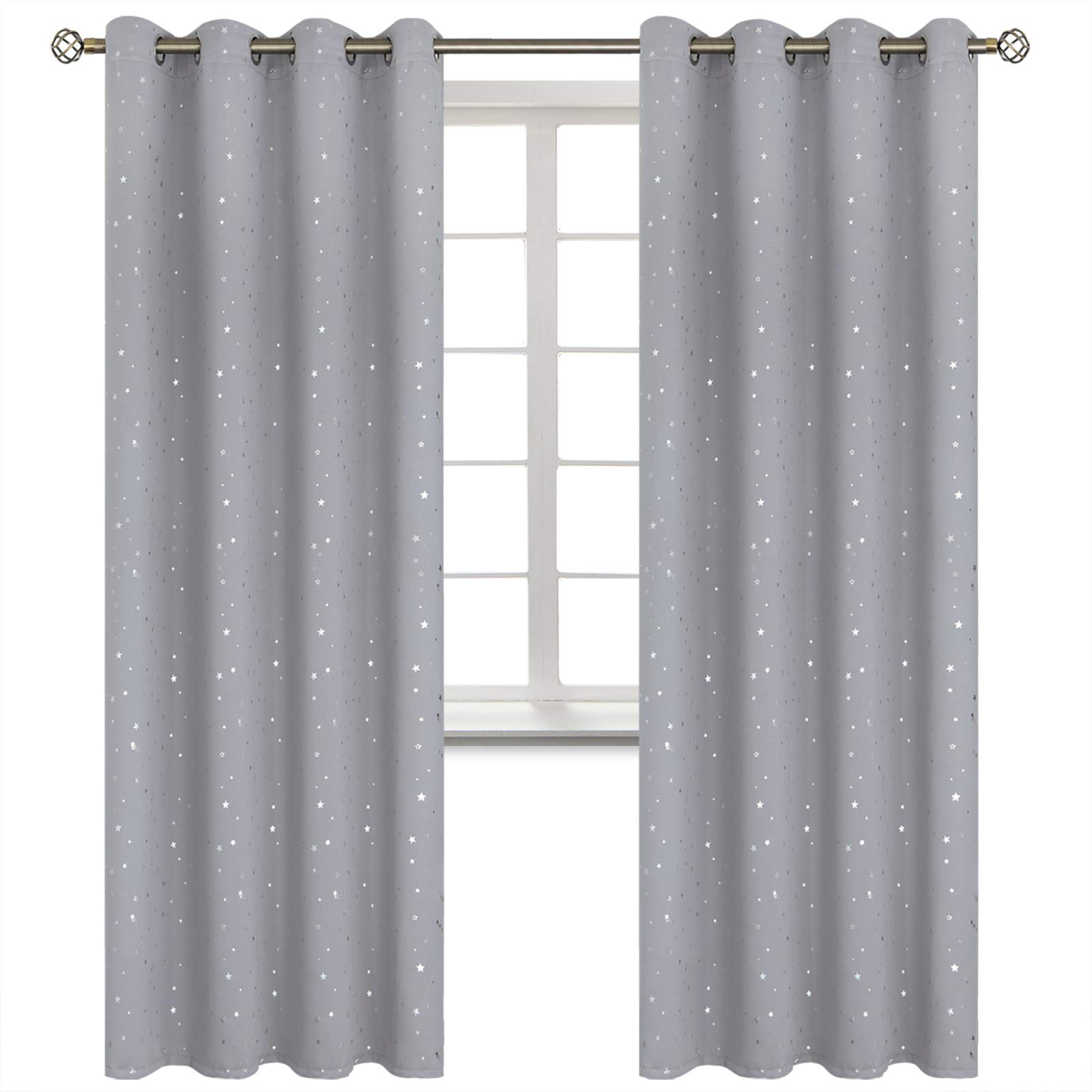 BGment Light Grey Star Blackout Curtains for Kid's Bedroom - Grommet Thermal Insulated Room Darkening Printed Curtains for Living Room, Set of 2 Panels (52 x 84 Inch, Light Grey)