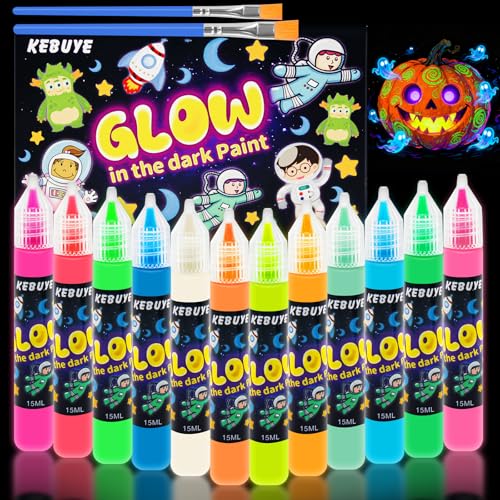 Glow in the Dark Acrylic Paint - Set of 12 Colors, Uv Reactive Blacklight Paints for Painting Outdoor and Indoor Decoration - Fluorescent Paint Kit for Canvas Art Supplies for Easter Chrismas Painting