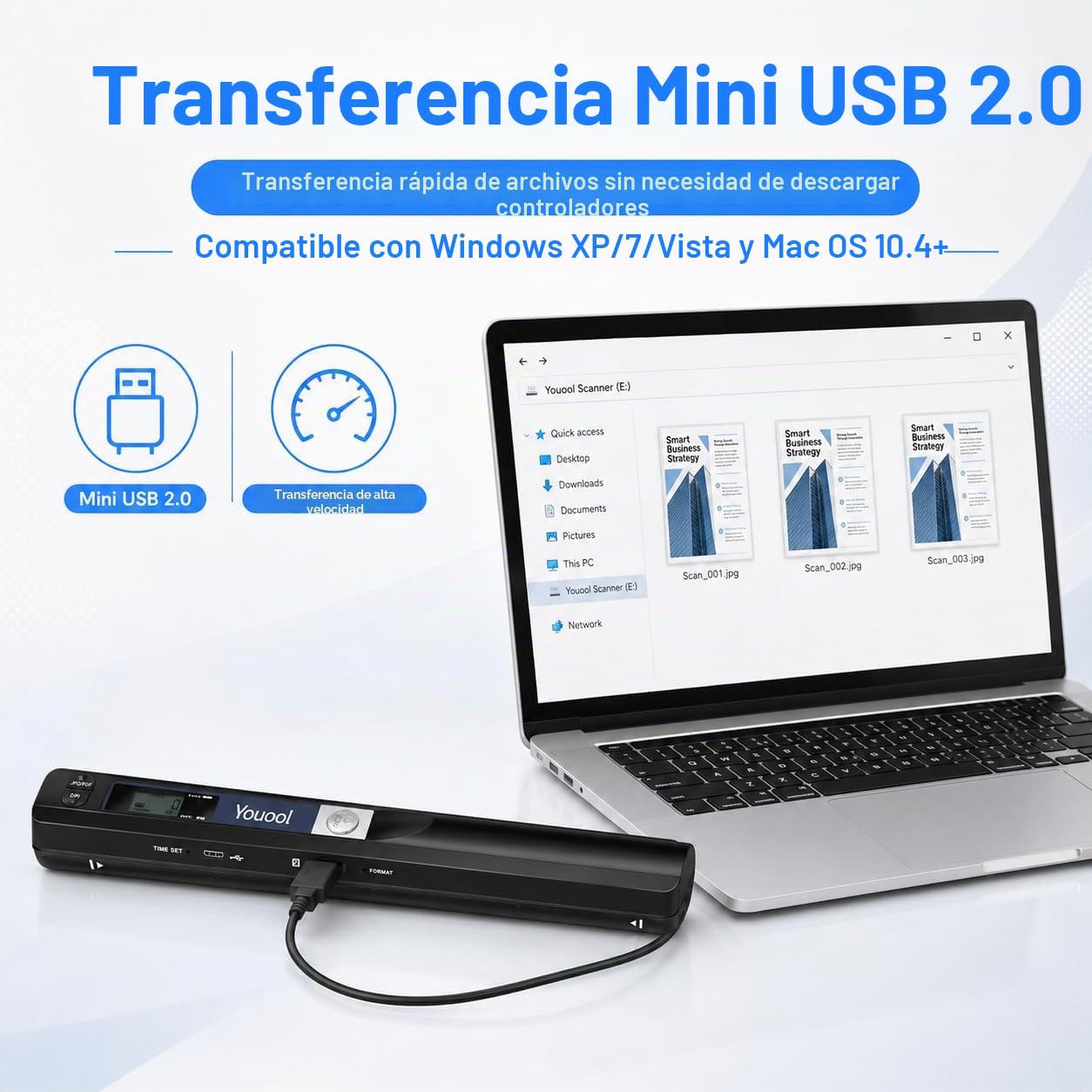 Mini escáner portátil de mano USB digitalización color 900 PPP A4 documentos JPG/PDF con tarjeta 16GB