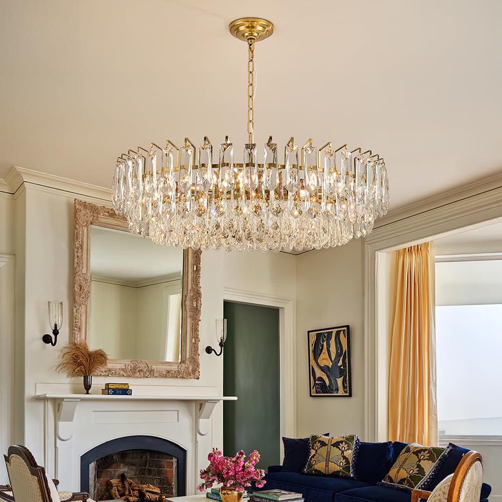 Photo 1 of WGLICXA 31.5" Modern Crystal Chandelier Gold 3-Tier Luxury Pendant Light Gold Plated Ceiling Pendant Lighting for Dinning Room Living Room Foyer