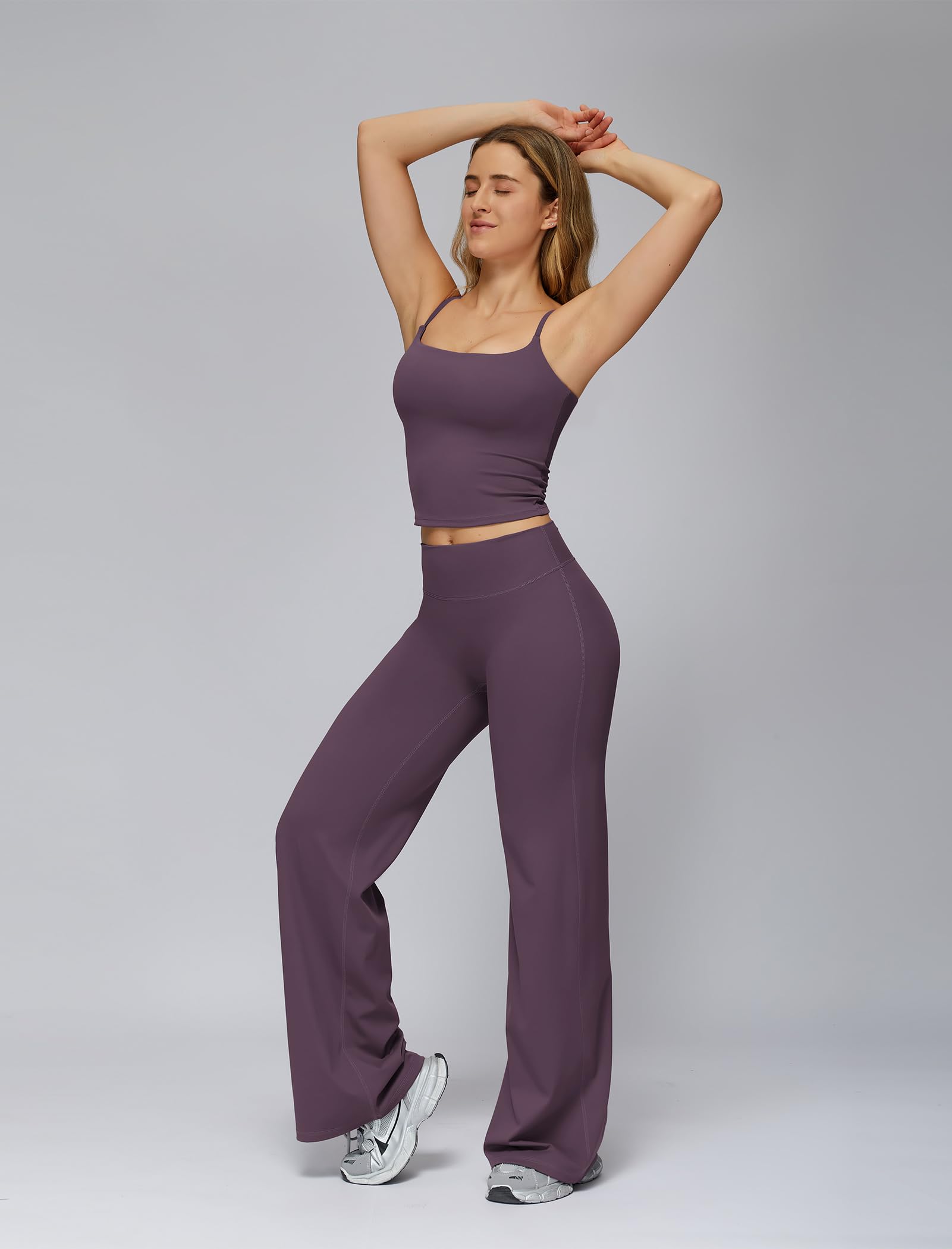 Odizli Conjunto de deporte para mujer, camiseta de espaguetis con sujetador integrado + cintura alta pierna ancha, leggings para fitness, gimnasio, yoga