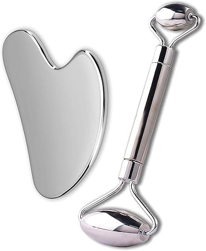Sanforce Rodillos faciales y gua sha de acero inoxidable, rodillo facial de metal para ojos, cuello, masajeador facial antienvejecimiento