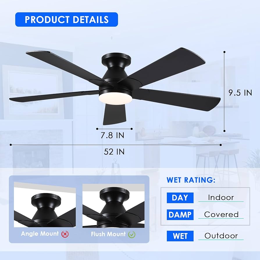 BYKISTOK Black Ceiling Fans with Lights - 52In Flush Mount