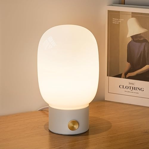 ONEWISH Bedside Table Lamp Nightstand Light Fully Dimmable,Modern Small Desk Lamp with Warm LED Bulb,Rotary Switch Glass Lamp for Home Decor