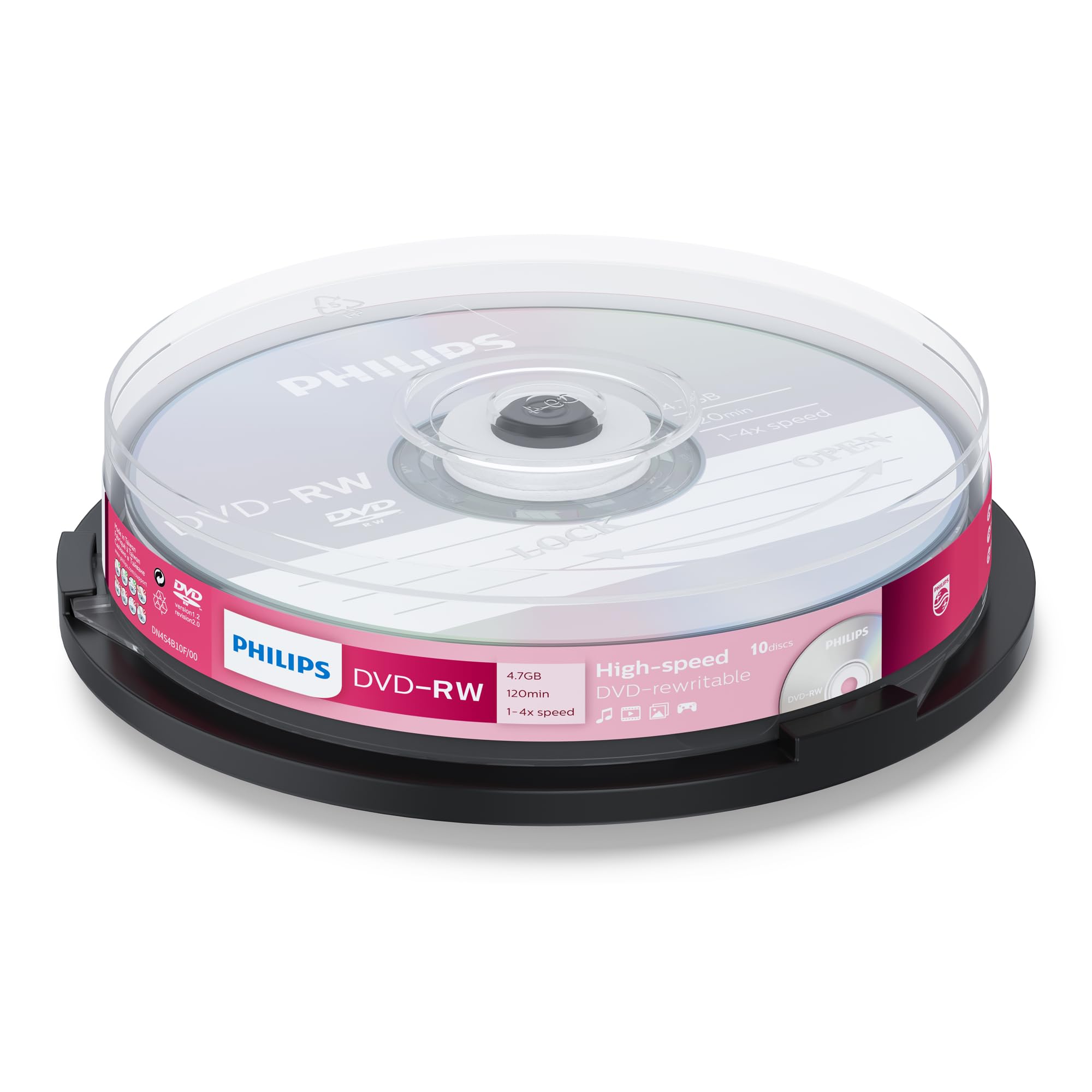 Philips DVD-​RW High-​Speed (4,​7 Go / 120 Minutes de vidéo, Vitesse 1-​4x, Cake Box 10 pièces, rewritable / réinscriptible)
