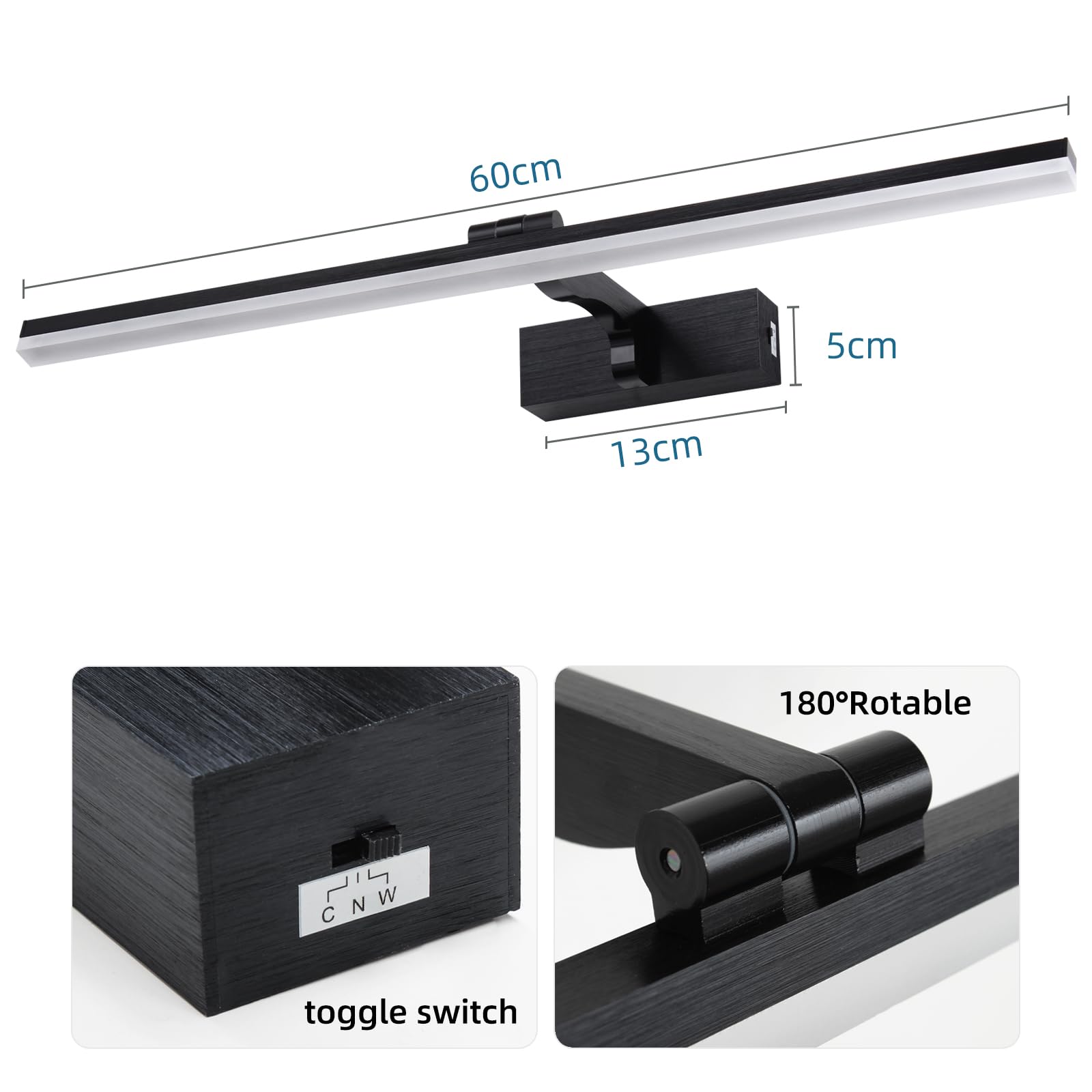 LED Spiegelleuchte Bad 60CM, 12W 1320LM Bilderleuchte Badlampe Wand Spiegel Licht Spiegelbeleuchtung Spiegelleuchte Spiegelschrank Beleuchtung Spiegellampe Dimmbar