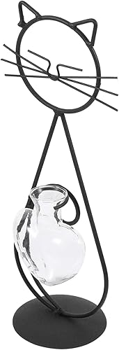 Jarrón de hierro forjado para gatos, globo de vidrio, terrario, hidropónico, soporte para plantas, terrario con soporte de metal, soporte para