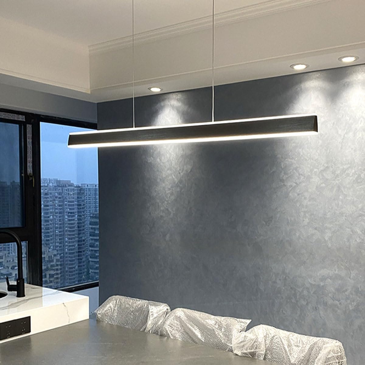 Bellastein LED Pendant Lamp Dining Table Pendant Lamp Modern Linear Design Living Room Chandelier Dimmable(3000K-6000K) with Remote Control Height Adjustable Ceiling Lamp (Black, L150cm)