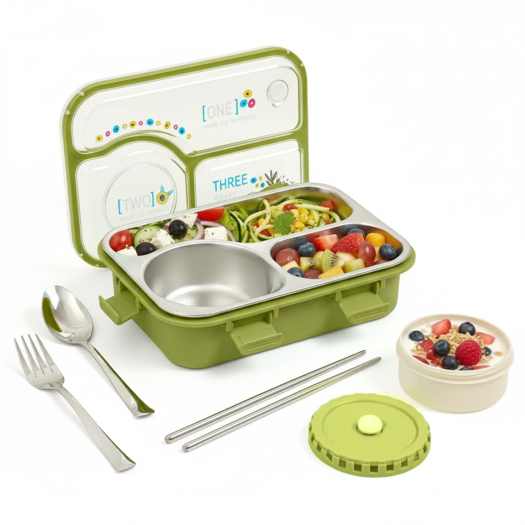 TEC TAVAKKAL Lunch Box 3 Compartment Leak-Proof BPA Free Stainless Steel, Lunch Box for Kids, Lunch Box for School & Office with a Fork, a Spoon and a Pair of Chopsticks (Happiness Kawai Green)