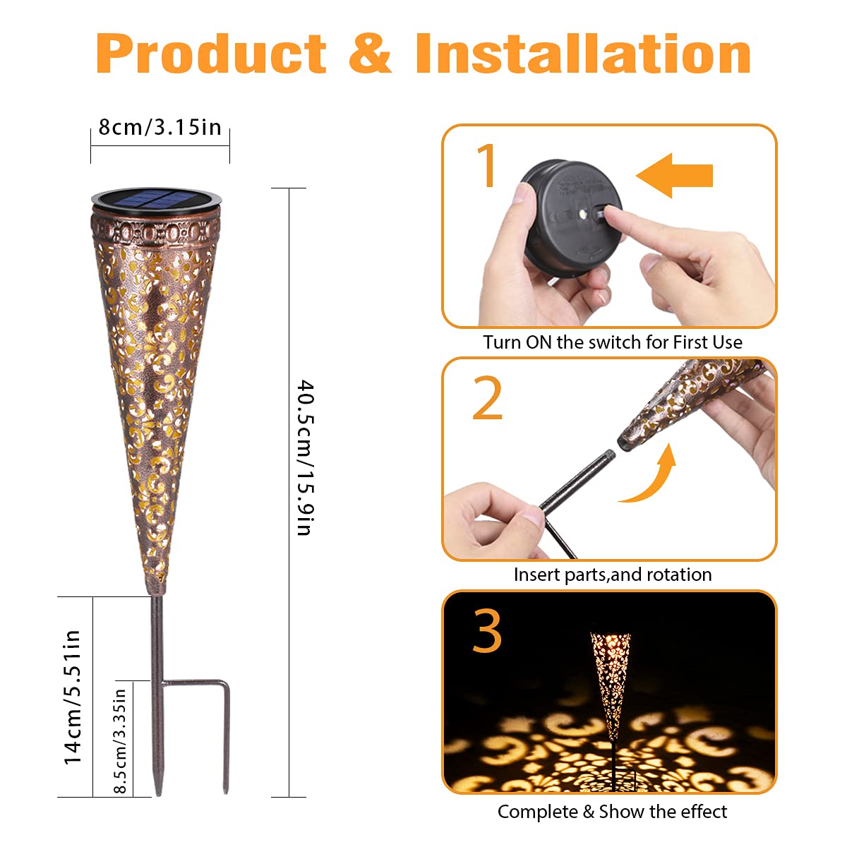 Görvitor Lampade solari per giardino, 6 pezzi, metallo, IP65, impermeabili, LED, luce bianca calda, energia solare, picchetto per balcone