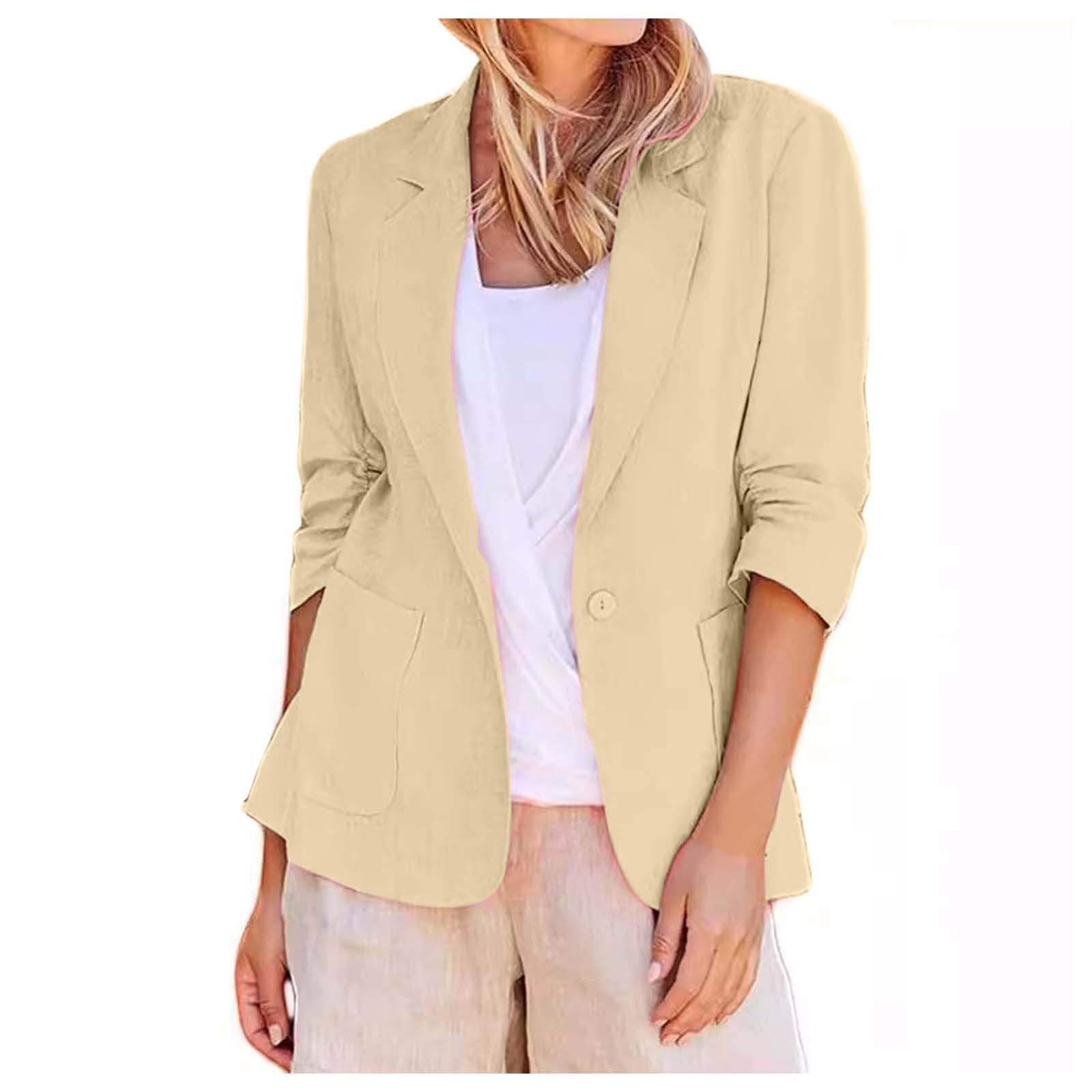 Sommer Blazer Damen Leicht, Lang Oversize Leinen Blazer Einfarbig 3/4 arm Blazerjacke Leicht Elegant Sakko Casual Business Sommerblazer