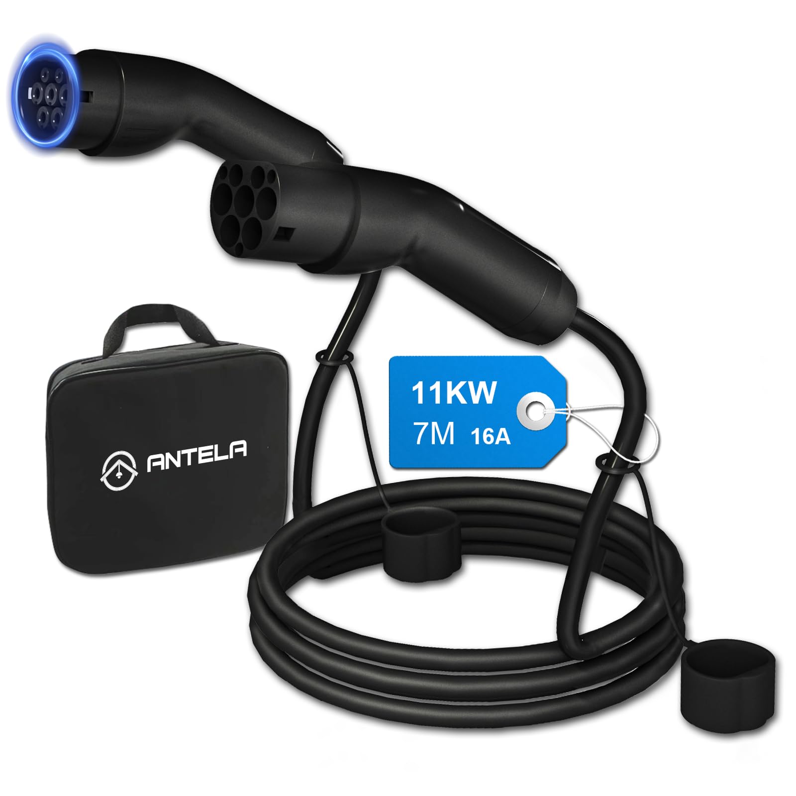 ANTELA Cable de Carga Portátil para Vehículos Eléctricos EV Tipo 2 IEC62196-2, Cable de Carga Tres Fases 16A 11KW, Longitud 7 Metros, IP54, Temperatura de Trabajo: -30°-50°