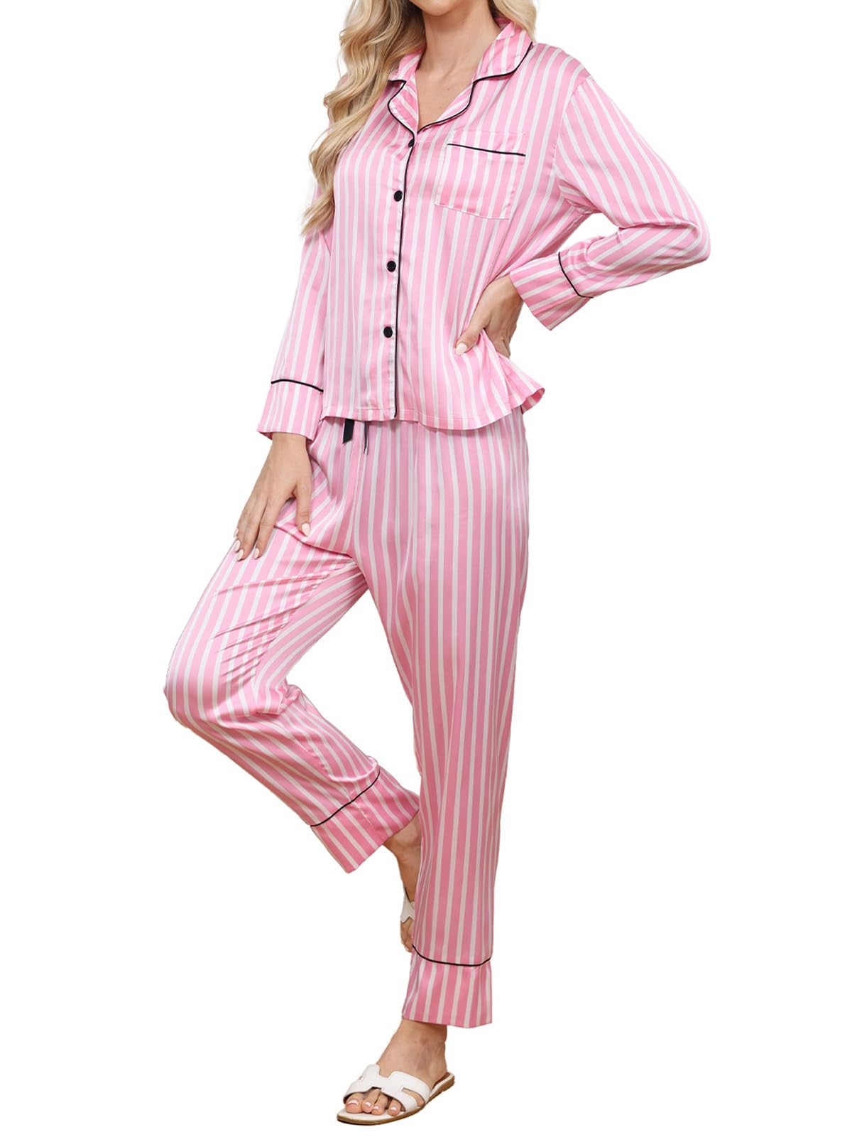 Corna Womens Button Down Pajama Sets, Soft Satin Pajama Set for Women, Comfy Pajamas for Women Set