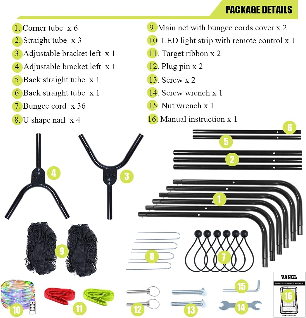 VANCL Lacrosse Rebounder Premium 6x4Ft Practice Net, Pitch Back Rebounder for Lacrosse, Baseball and Softball Training, with Free Extra Net, Straps, Colored Lamp String : Sports & Outdoors