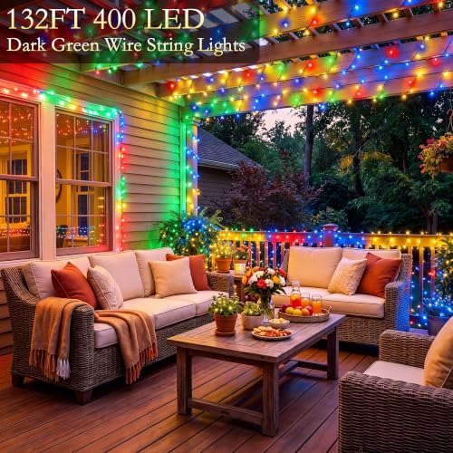 Image of 132FT 400 LED Multicolor Fairy Lights, Dark Green Wire 8 Modes Timer, IP44 Waterproof Outdoor Indoor String Lights for Patio Garden Backyard Bedroom Classroom Weeding Christmas Decor