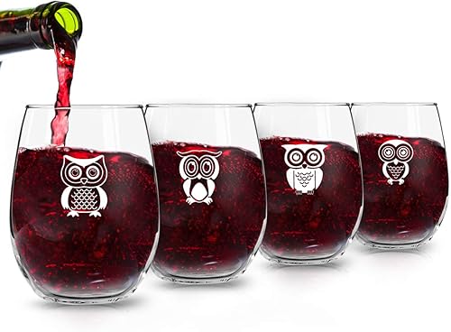 Miniatura 3 de Juego de 4 copas de vino de búho lindo  Copas de vino sin tallo con 4 búhos adorables únicos  Copas decorativas de búho de 15 onzas  Hace divertido